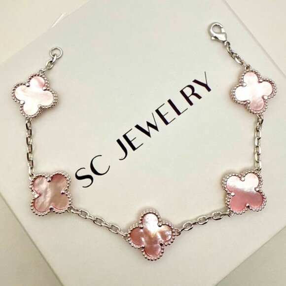 Clover Bracelet Pink Mother of Pearl Silver Double Sided - Picture 4 of 10